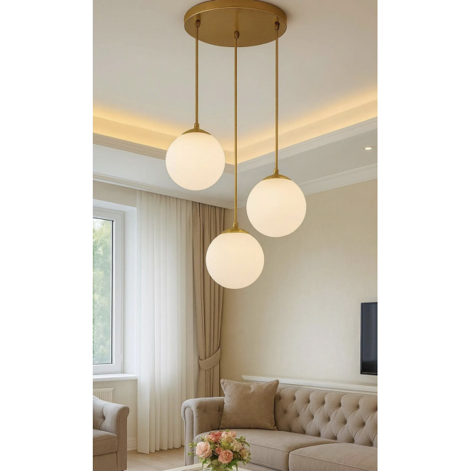 Modern Rize Camlı Avize Camlı Salon Avizesi 3 lü Sarkıt Avize Metal Gövde İthal Mat Beyaz Camlar