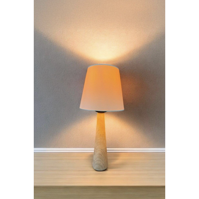 Modern Ağaç Abajur Krem Şapkalı El Yapımı Doğal Ahşap Gövde Abajur Masa Lambası