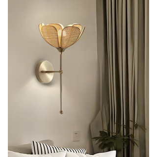 Modern Bohem Tasarım Rose Çiçek Aplik Kablosuz Pilli Aplik Hazeran Hasır Kumaş Eskitme Gold