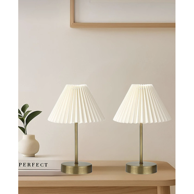 Modern Tasarım Umbrella Abajur 2’li Set Eskitme Gold Masa Lambası Krem Kumaş Pileli Abajur