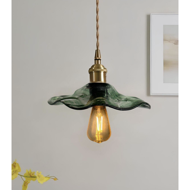 Modern Tasarım Vintage Boheme Estetik El Yapımı Yeşil Camlı Sarkıt Avize Eskitme Gold Kahve Örgü